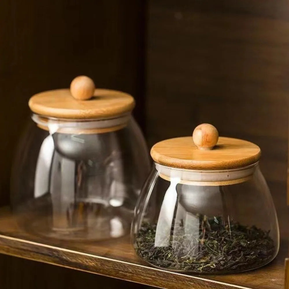 Transparent Airtight Glass Containers Moisture Proof Large Capacity Tea Storage Jar Wooden Lid Food Storage Container