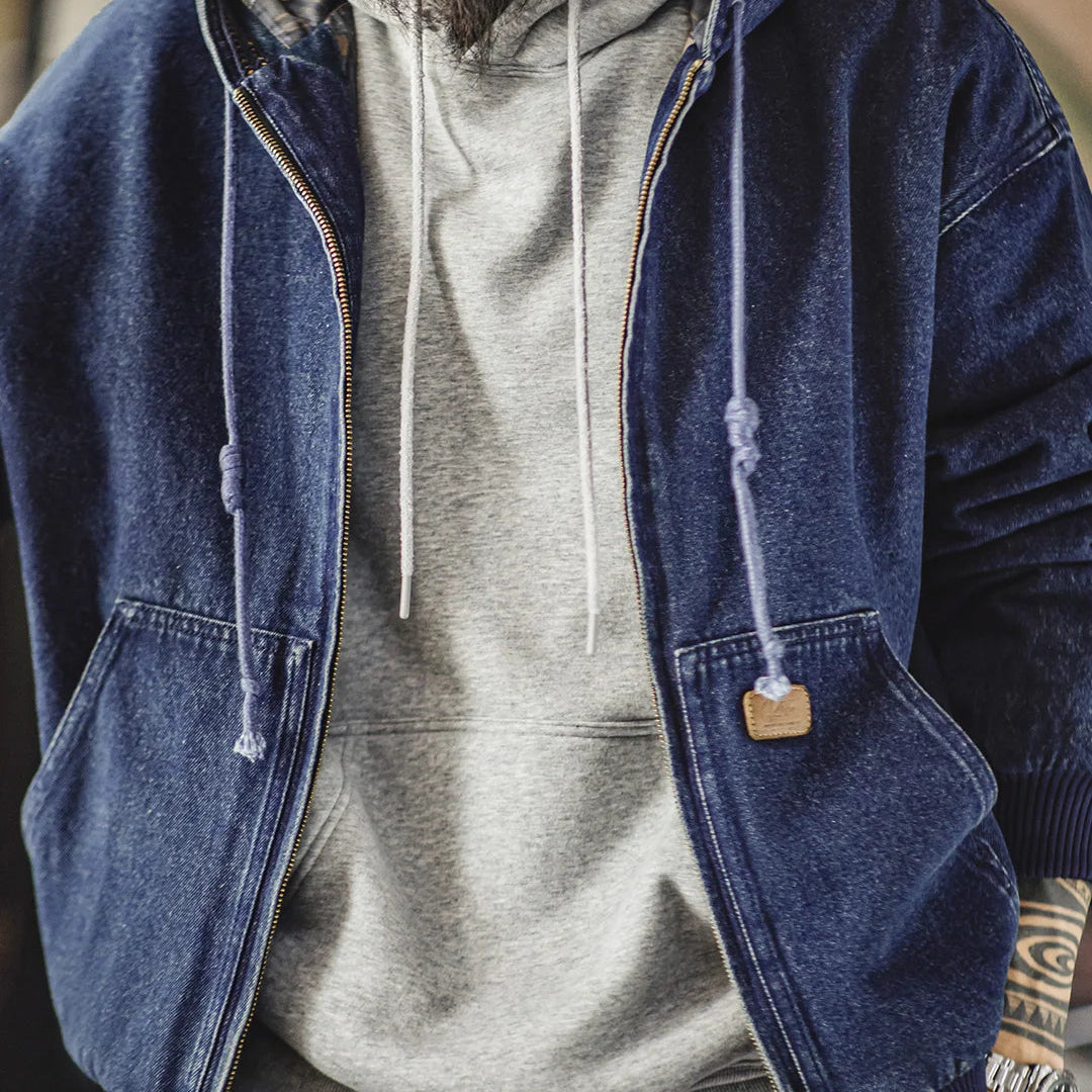 Retro Men's Heavyweight Denim Jacket, Vintaged Hooded Zip-up Work Jacket