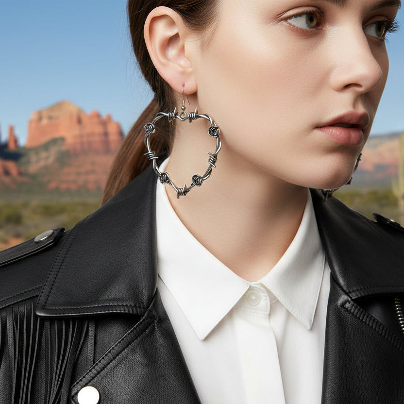 Gun Black Metal Barbed Wire & Roses Heart Earrings –– Rustic Edge with a Tender Touch