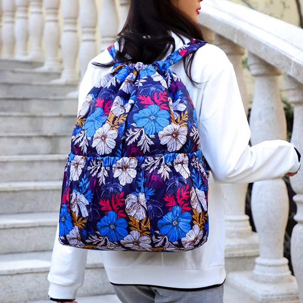 Multifunctional Floral Printed Drawstring Bag Polyester Waterproof Backpacks Fold Sports Travel Bag Teenage Girls