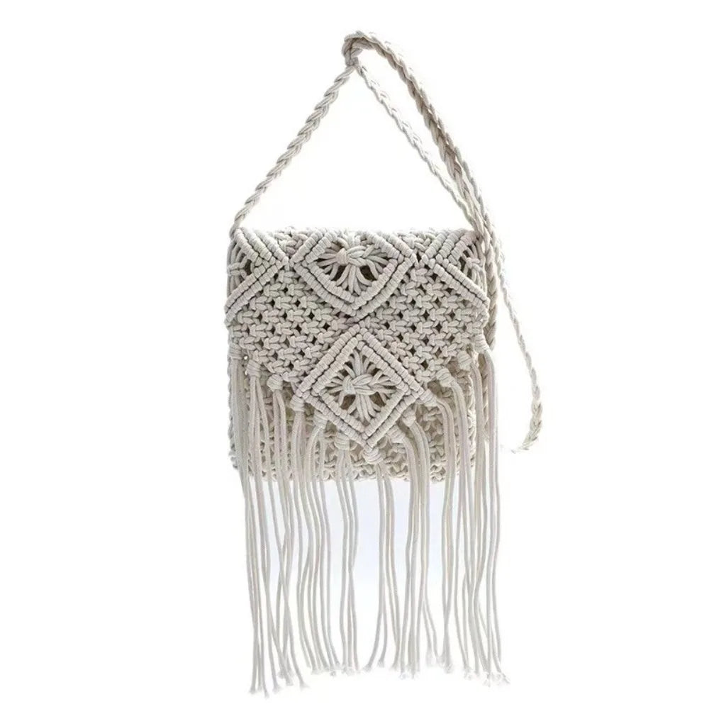 Simple Ethnic Style Woven Straw Bag Solid Color Fringe Tassel Shoulder Bag Coin Purse Phone Bag Women Crossbody Bag Beach