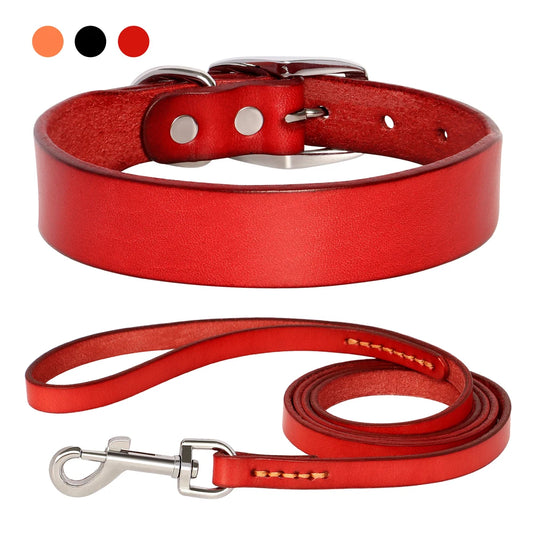 Genuine Leather Pet Collar plus Leash Set
