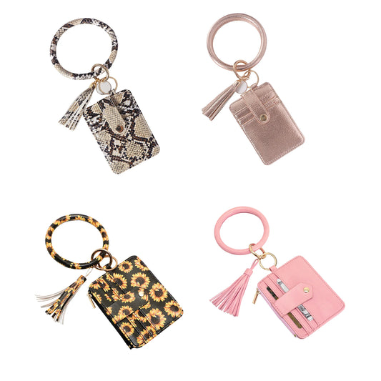 Bracelet Wallet Wristlet Keychain Pocket Credit Card Holder PU Leather Purse Tassel Silicone Bead Bangle Key Ring For Women