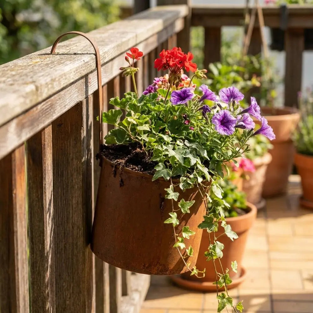 Handcrafted Wall Hanging Flower Bucket Antique Styles Rusted Iron Hanging Flowerpot Weather-Resistant Unique Metal Plant Hangers