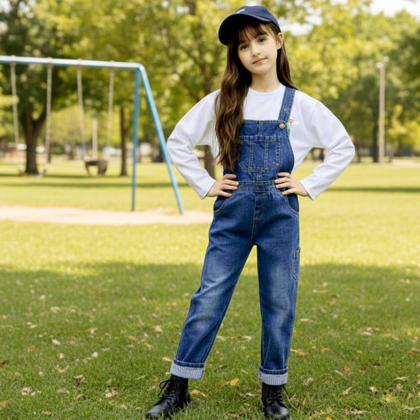 Kids Classic Denim Overalls – Unisex Straight Leg Jeans Dungarees for Boys & Girls (Ages 7–13)