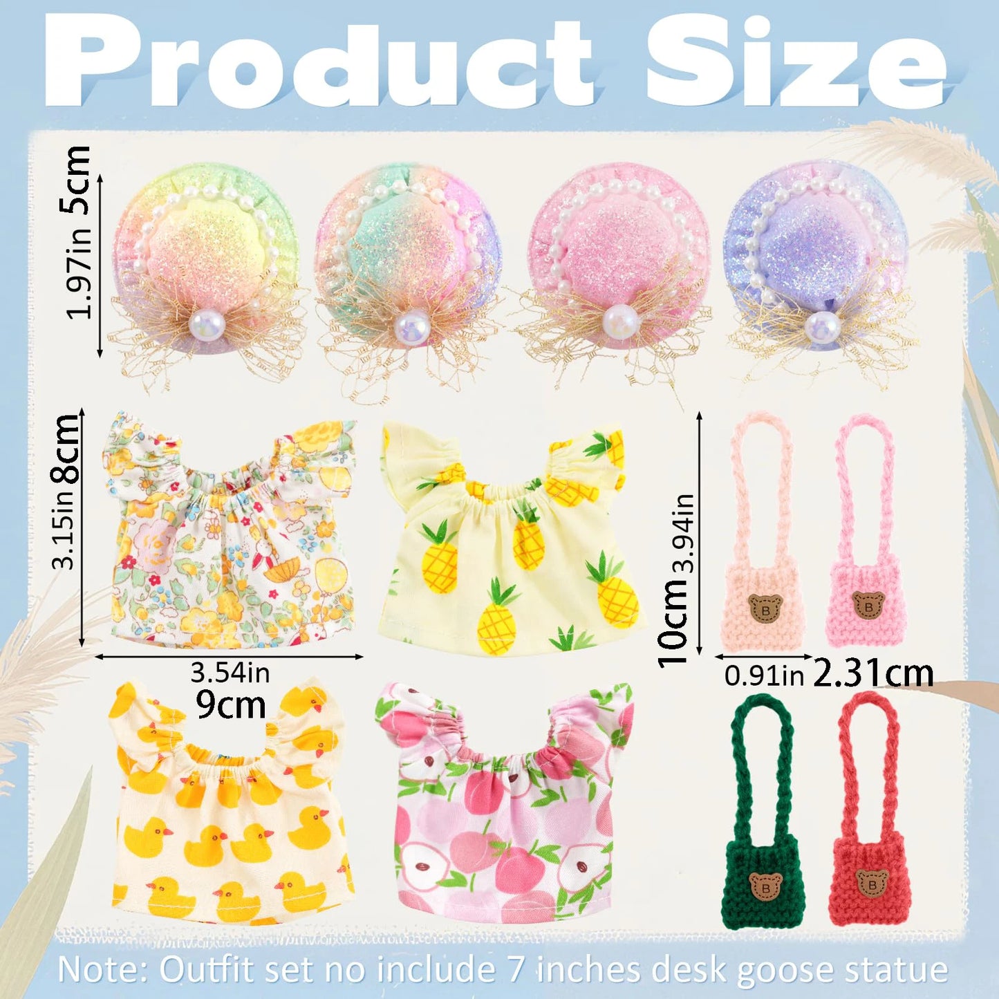 Desk Goose Clothes 7 Inches, Cute Mini Goose Summer Outfits Including Hat Dress and Bag Desk Goose Accessories