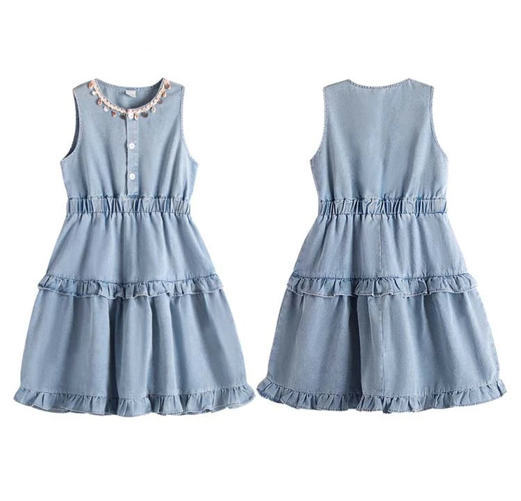 Girls Light Blue Denim Tiered Dress – Sleeveless Country Style Ruffle Chambray Dress for Young Girls & Tweens