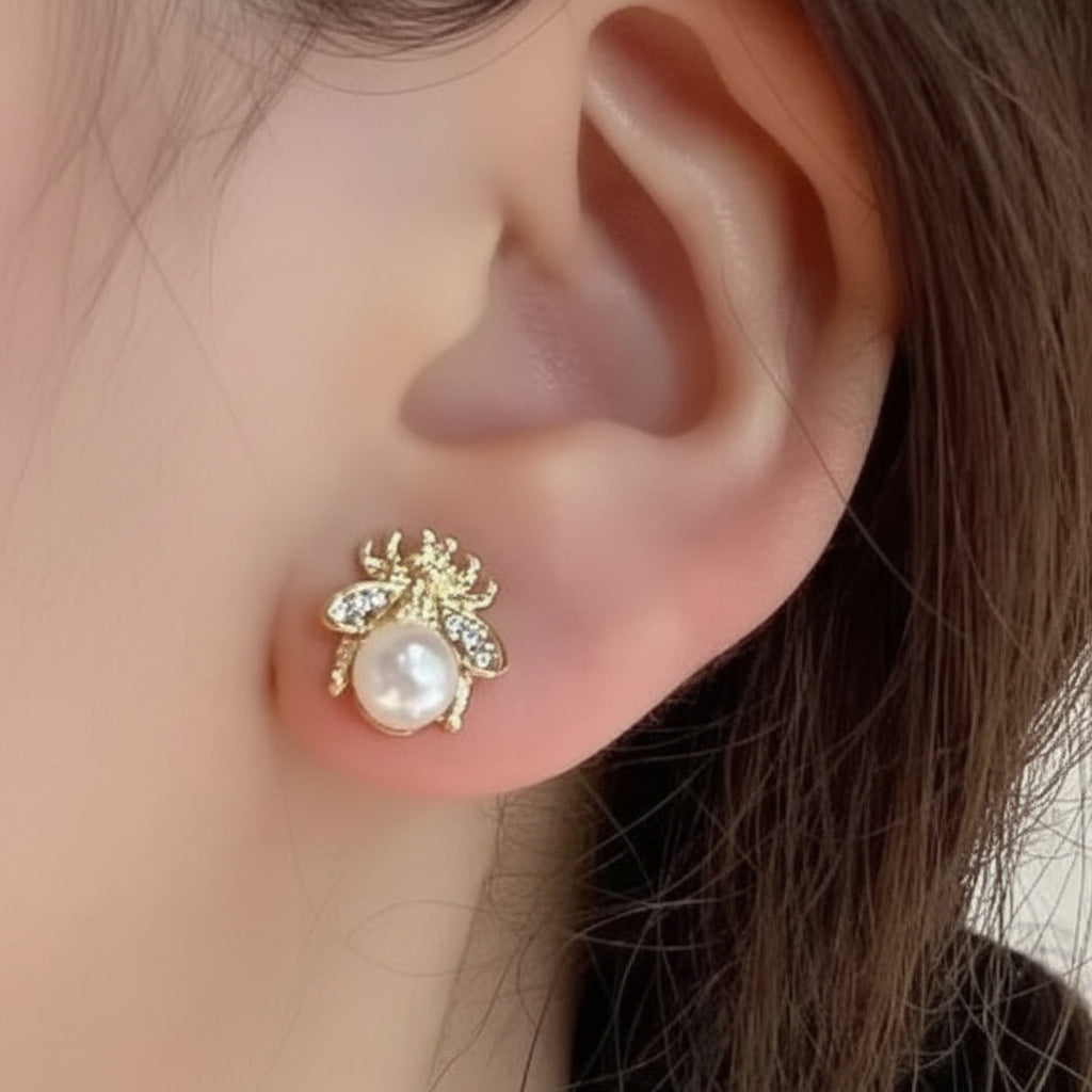 Honey Bee Pearl Stud Earrings – Sweet Gold Bee with Simulated Pearl
