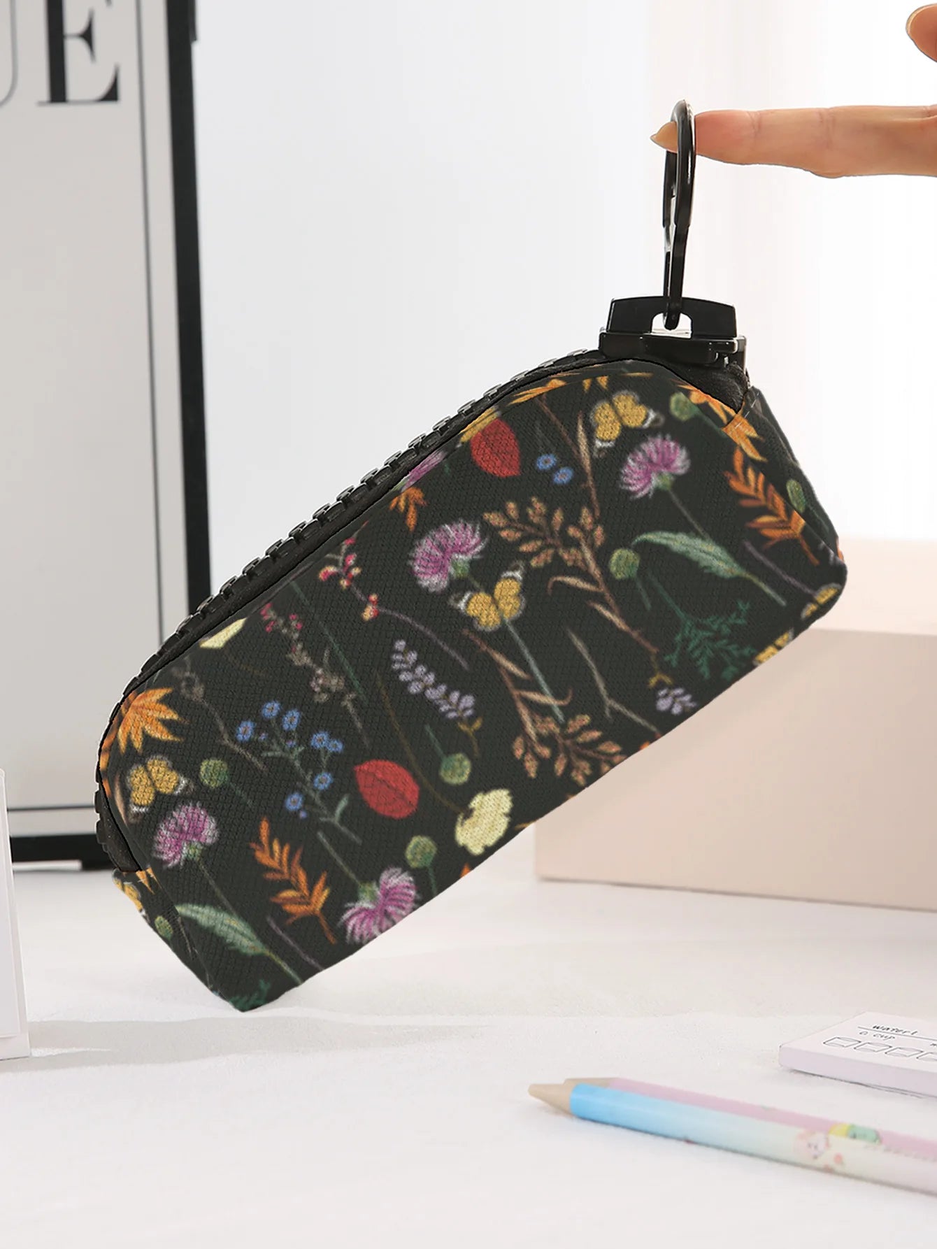 1 piece, large zipper wildflower pattern printed makeup bag, large zipper stationery pencil case, suitable for school supplies