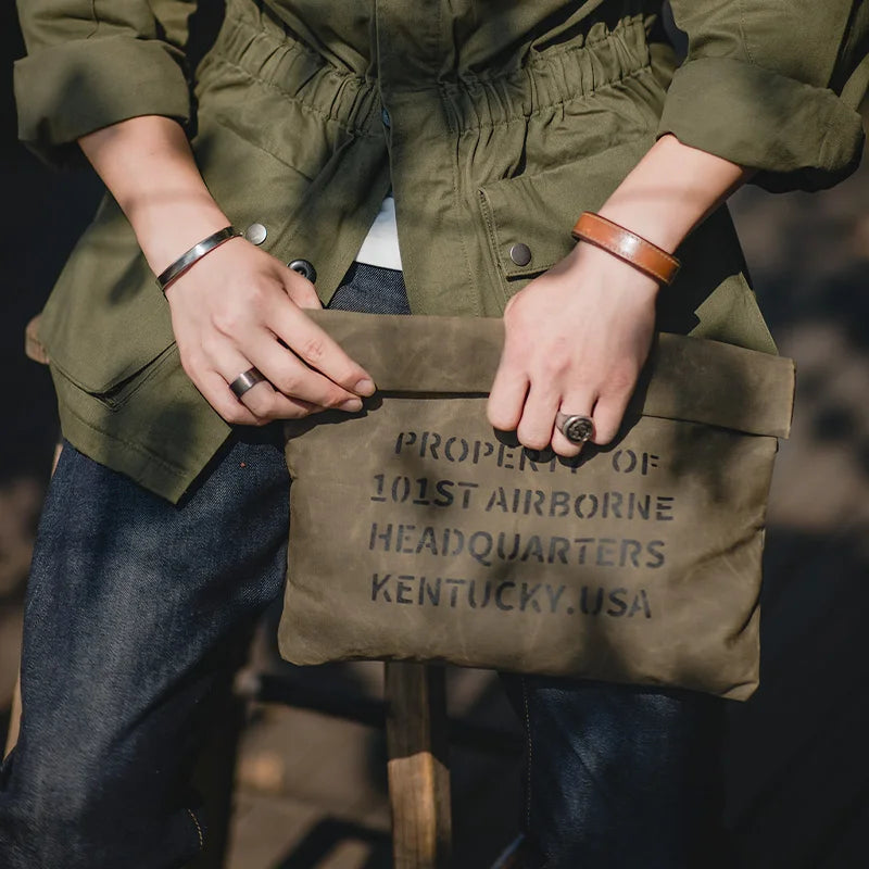 Maden Oil Wax Canvas Handbag Men's Vintage Handbags Khaki Print Purse Envelope Capacity Money Bag Magnetic Buckle Long Wallet