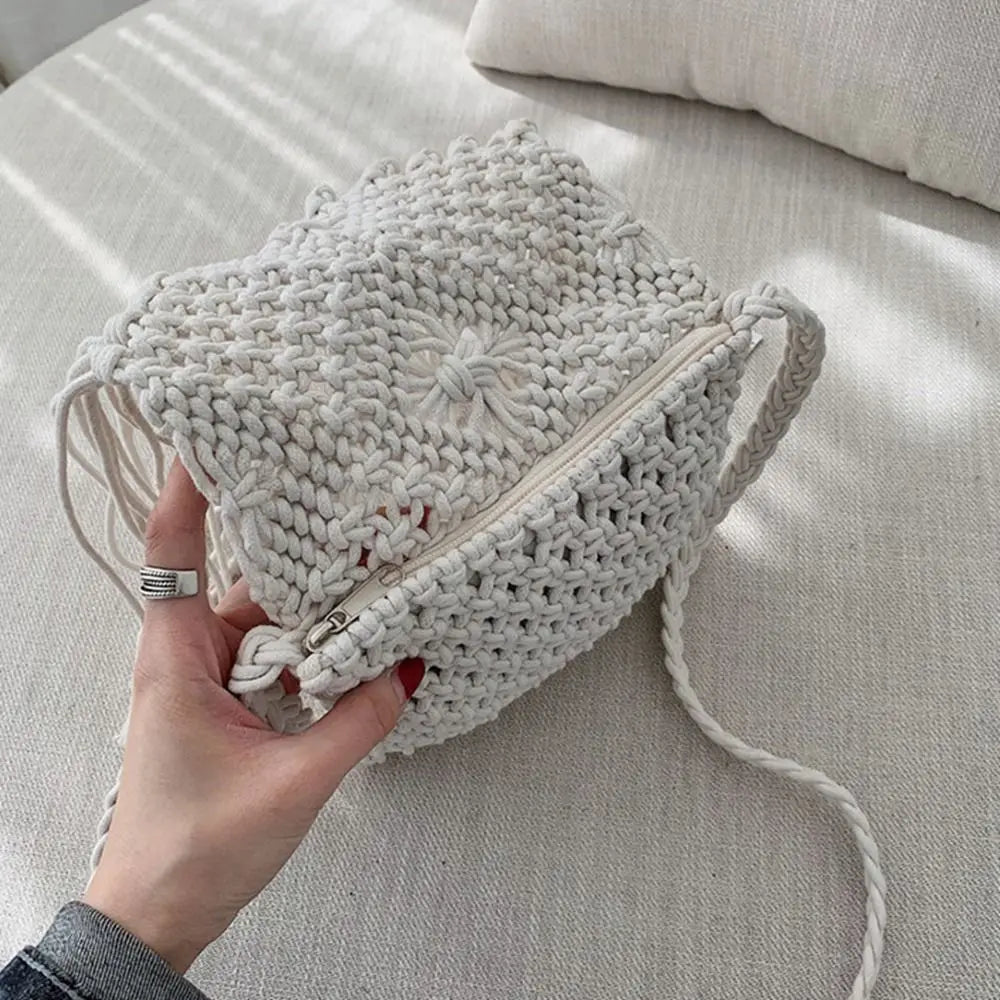 Simple Ethnic Style Woven Straw Bag Solid Color Fringe Tassel Shoulder Bag Coin Purse Phone Bag Women Crossbody Bag Beach