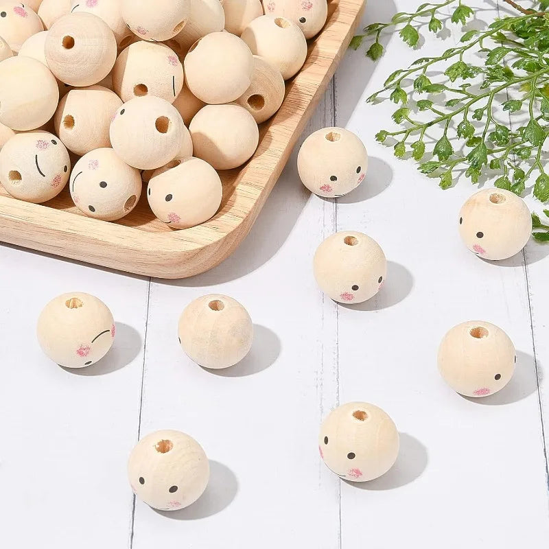 Wooden Beads Natural Face Beads Ball Wood Beads Loose Spacer Bead for Angel Heads DIY Jewelry Bracelet Necklace Craft Making