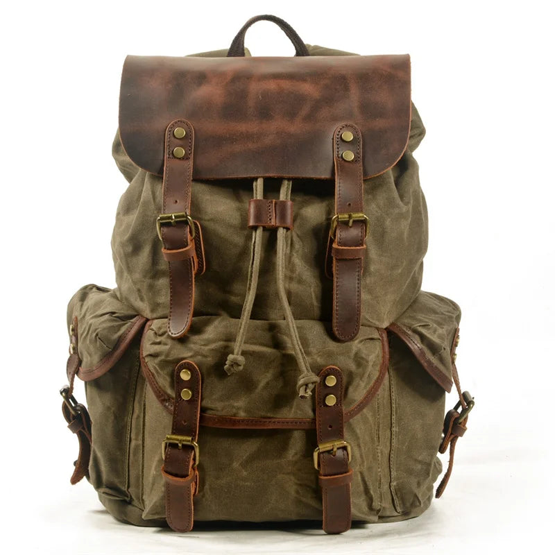 Nesitu Vintage A4 Genuine Leather Wax Canvas Women Backpacks for Men Laptop Daypacks Waterproof Rucksacks Large Travel Bag M6105