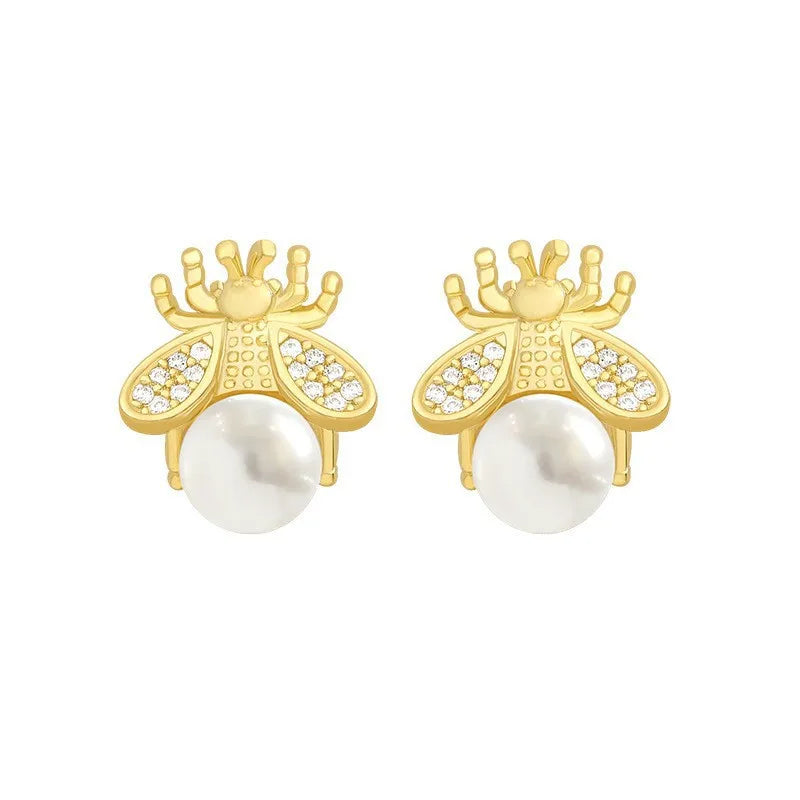 Honey Bee Pearl Stud Earrings – Sweet Gold Bee with Simulated Pearl