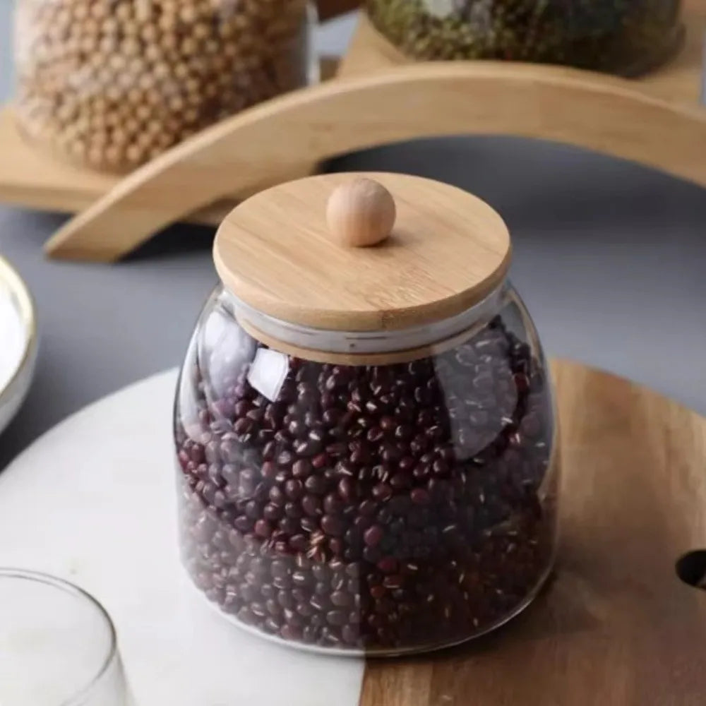 Transparent Airtight Glass Containers Moisture Proof Large Capacity Tea Storage Jar Wooden Lid Food Storage Container