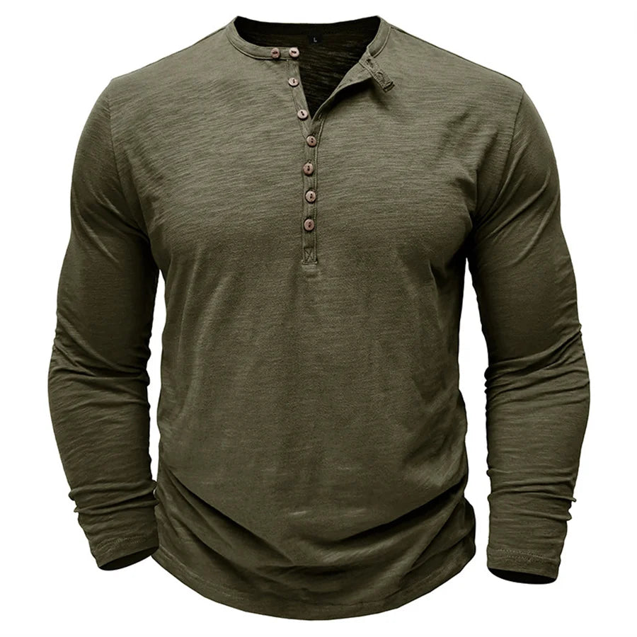 Men's 100% Cotton Henley T-Shirt Quality Long Sleeve Basic T Shirt