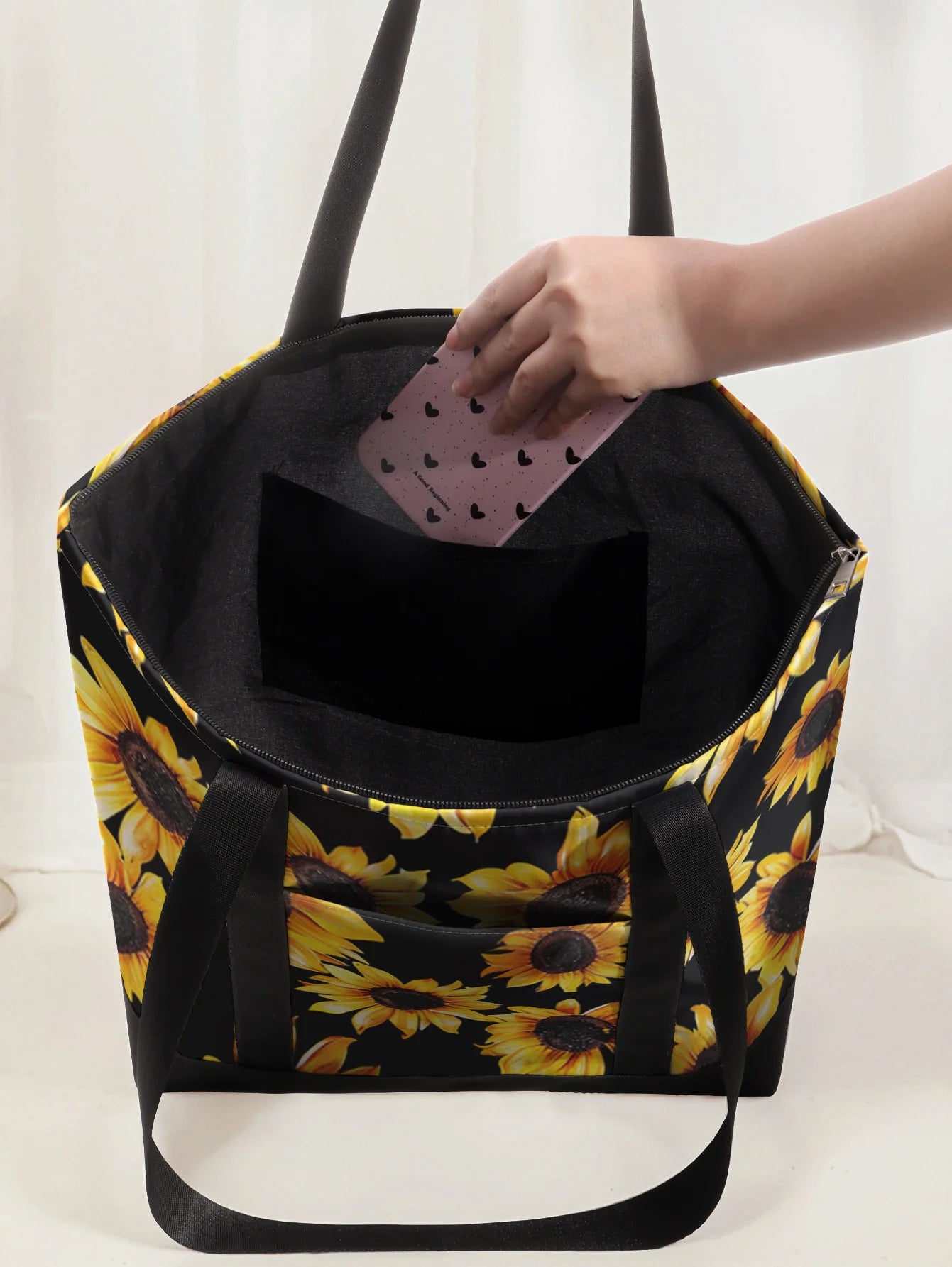 Vintage Sunflower Pattern Tote Bag With Outer Pocket Large Capacity Women Casual Shoulder Bag Shopping Daily Handbag