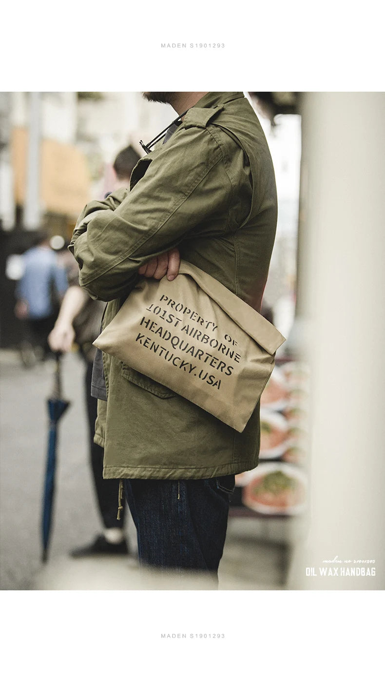 Maden Oil Wax Canvas Handbag Men's Vintage Handbags Khaki Print Purse Envelope Capacity Money Bag Magnetic Buckle Long Wallet