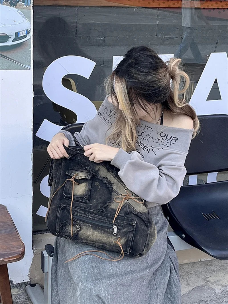 Nesitu High Quality Denim Large Capacity A4 Women Shoulder Messenger Bag Handbag Cross Body Lightweight Blue Black M250301
