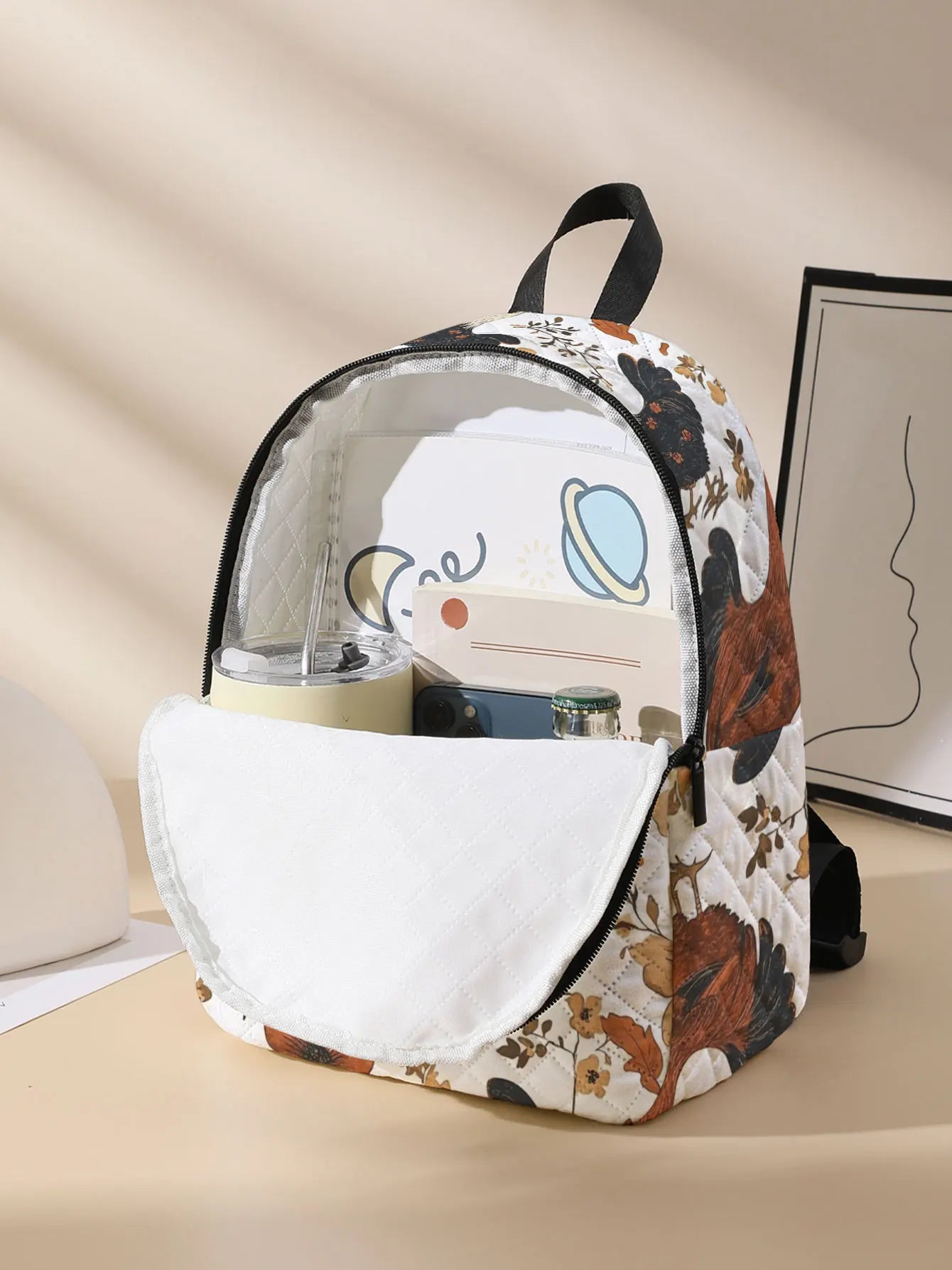 Rooster and Hen Printed Quilted Compact Backpack, Suitable for Outdoor, Travel, Campus, and Daily Use by Both Men and Women
