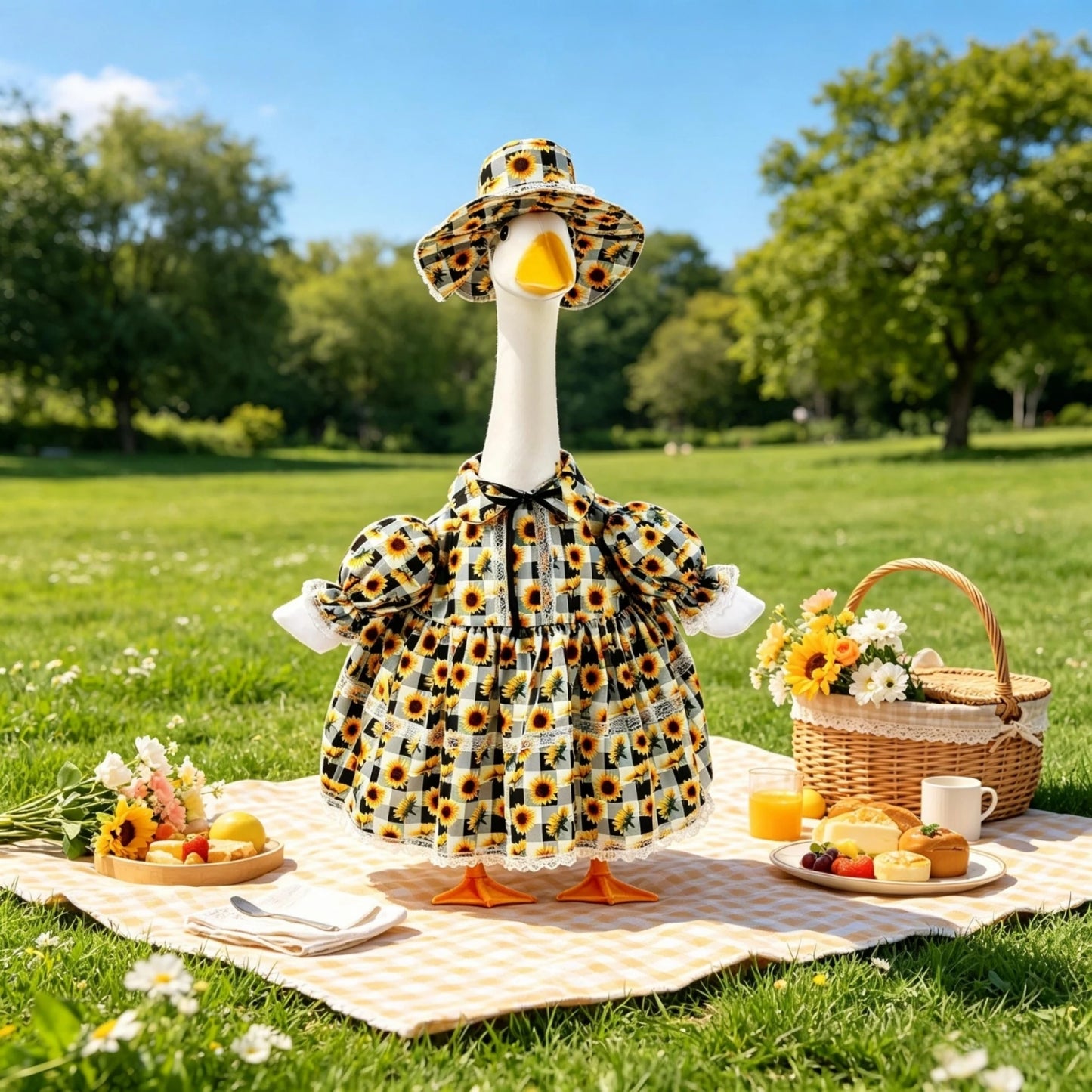 Porch Goose Summer Outfit Cute Sunflower Dress and Sun Hat Set for 23 Inch Lawn Goose Statue Clothes