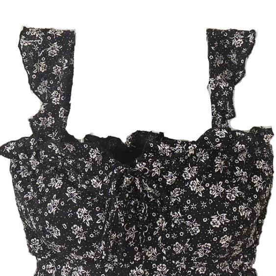 Black with White Ditsy Floral Roses Print High Waist, Ruffle Straps One-piece Swimsuit