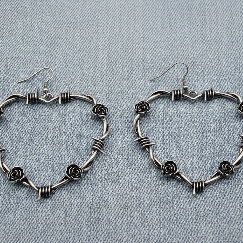 Gun Black Metal Barbed Wire & Roses Heart Earrings –– Rustic Edge with a Tender Touch