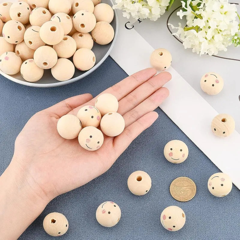 Wooden Beads Natural Face Beads Ball Wood Beads Loose Spacer Bead for Angel Heads DIY Jewelry Bracelet Necklace Craft Making