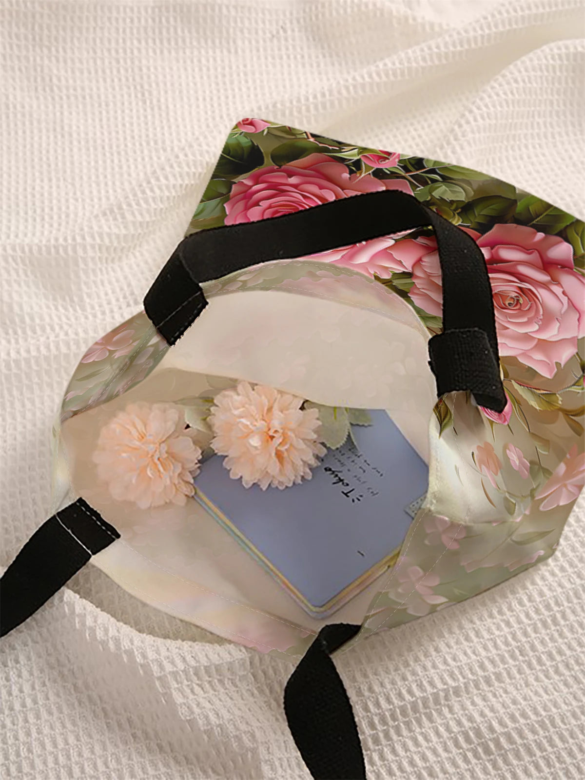 Rose pattern printed casual handbag, reusable fashionable backpack, multifunctional handbag, canvas shopping bag