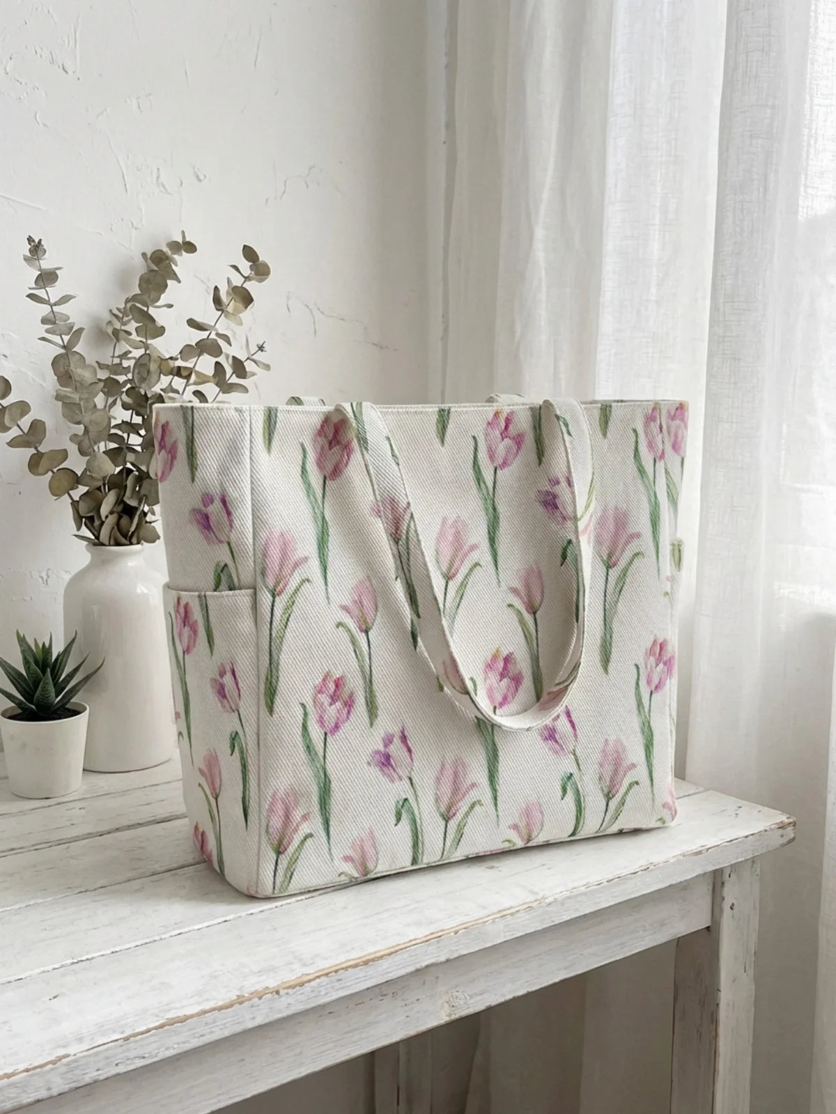 Floral printed large capacity women's handbag, canvas shoulder bag, casual commuting shopping bag