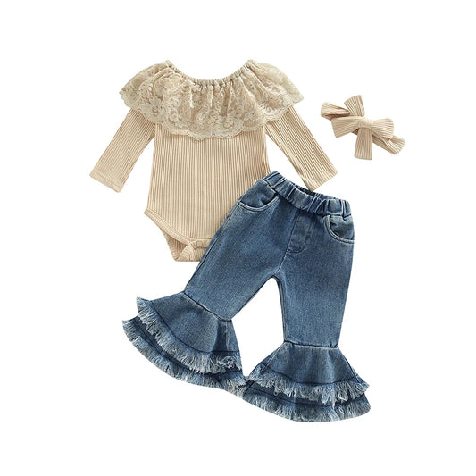 Beige Lace Ruffle Top & Bell-bottoms Jeans Set for Infants & Toddlers, 6M  to 18M