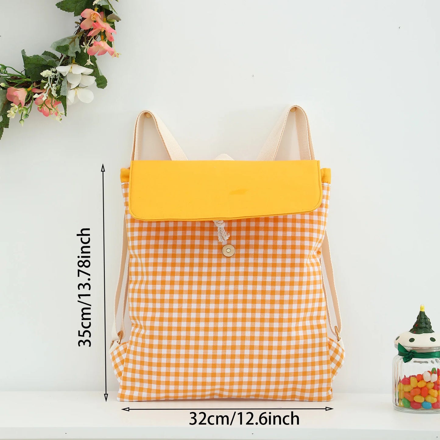 Plaid Backpack For Girls Drawstring Students Canvas Travel Schoolbag Laptop Bookbag