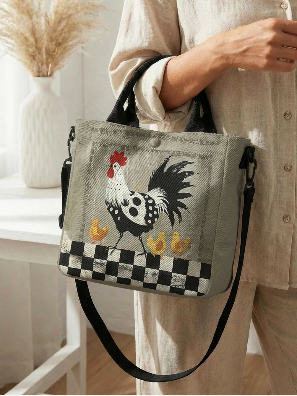 Rooster print handbag with detachable shoulder strap and crossbody bag, suitable for women's daily shopping
