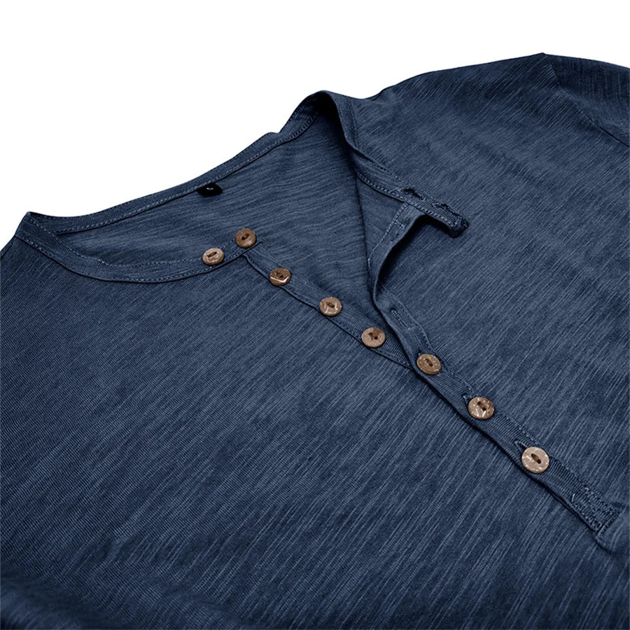 Men's 100% Cotton Henley T-Shirt Quality Long Sleeve Basic T Shirt