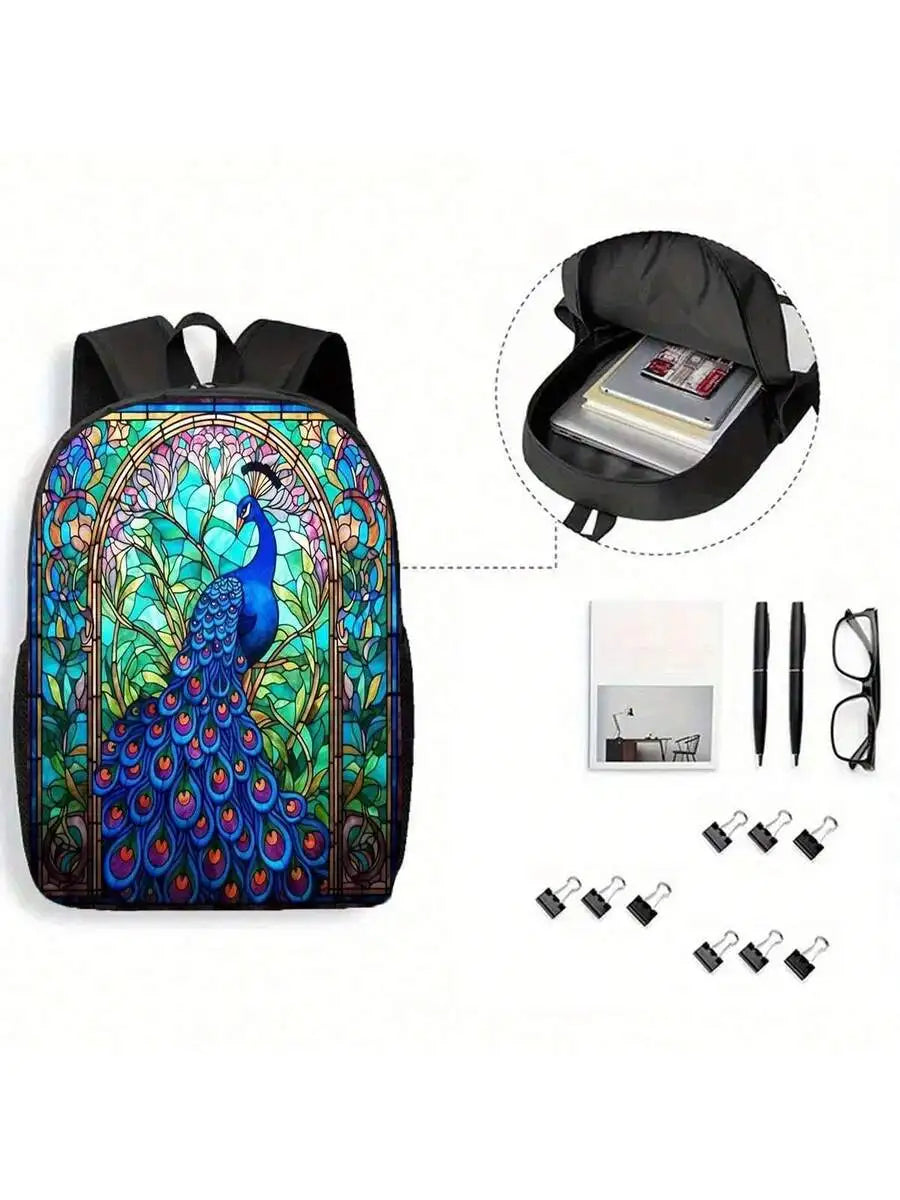 Stained Glass Peacock Print Backpack 17 Inch Large Capacity Lightweight Unisex School Travel Bag