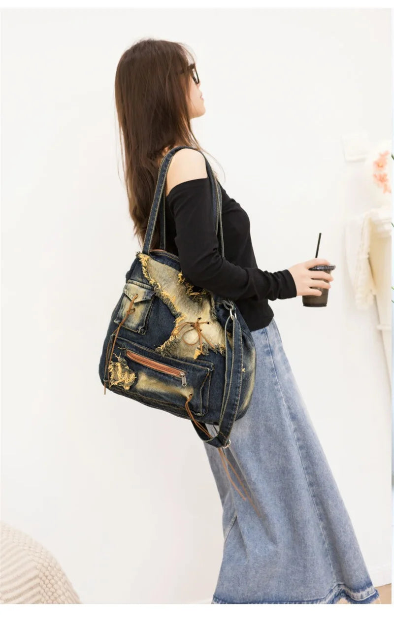 Nesitu High Quality Denim Large Capacity A4 Women Shoulder Messenger Bag Handbag Cross Body Lightweight Blue Black M250301