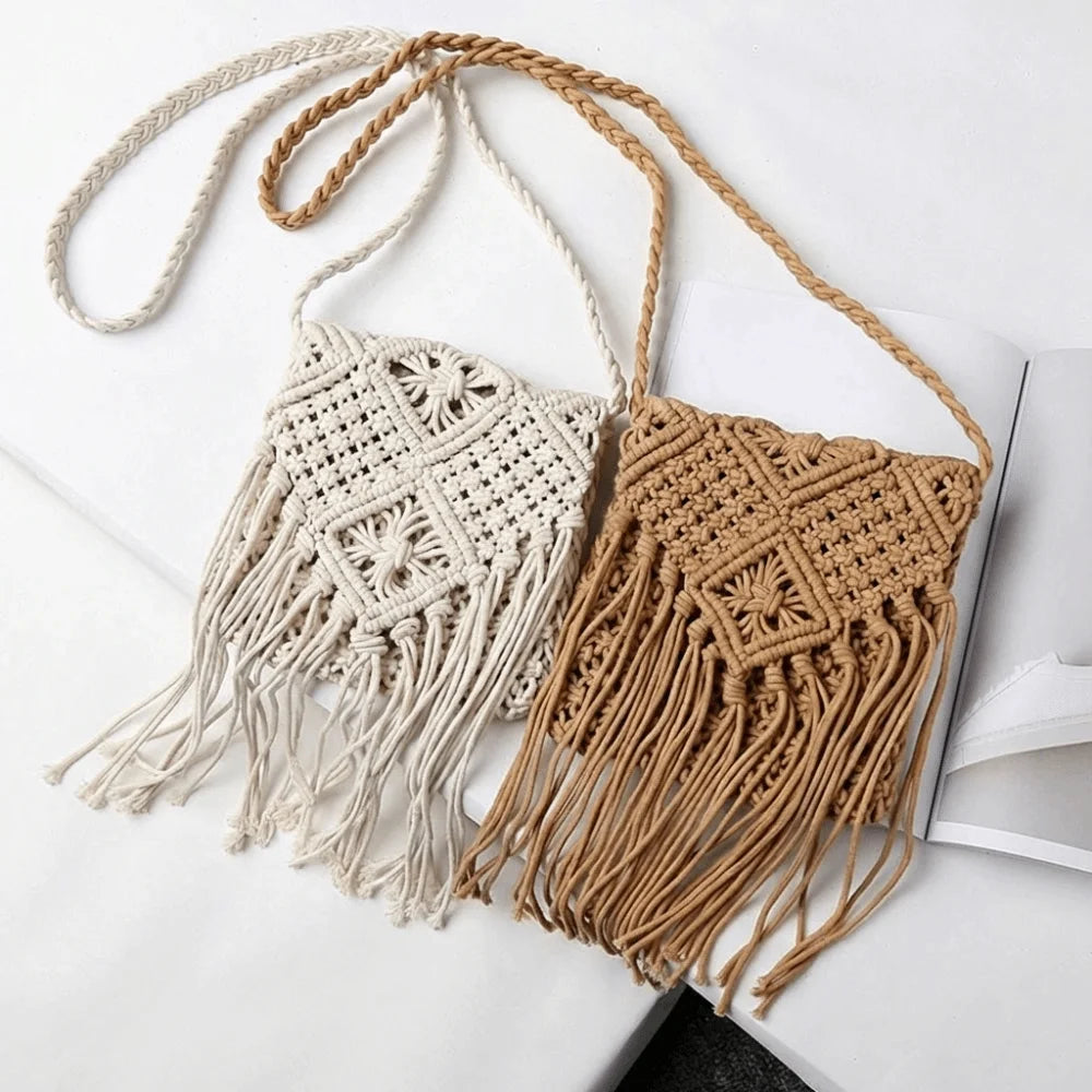 Simple Ethnic Style Woven Straw Bag Solid Color Fringe Tassel Shoulder Bag Coin Purse Phone Bag Women Crossbody Bag Beach