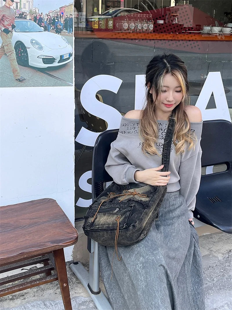 Nesitu High Quality Denim Large Capacity A4 Women Shoulder Messenger Bag Handbag Cross Body Lightweight Blue Black M250301