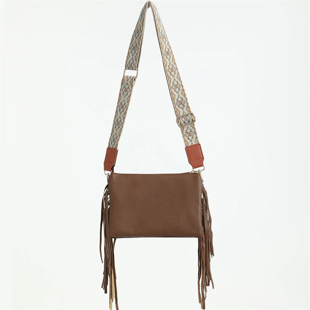 Tassel Accent Crossbody Bag For Women Leisure Shoulder Bag Purse PU Leather With Adjustable Strap Western Fringe