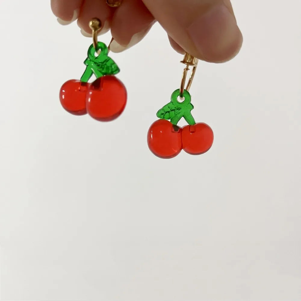 Cute Pair of Cherries Shaped Resin Dangle Drop Earrings