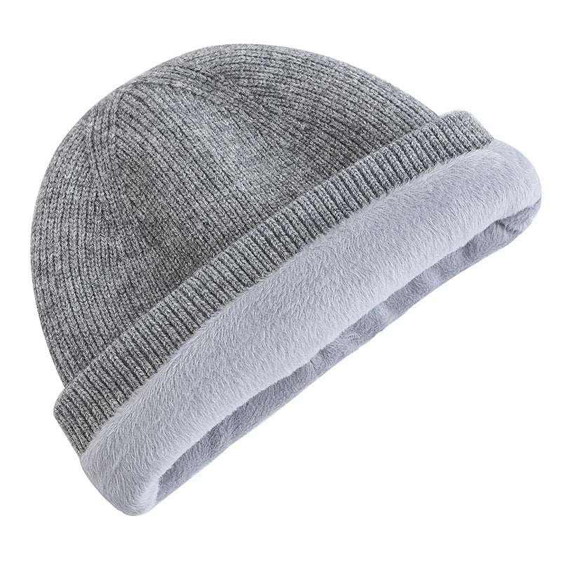 Winter Hat Plush Fleece-Lined Knit Cap--Knitted Hat w Deer Head Patch Accent