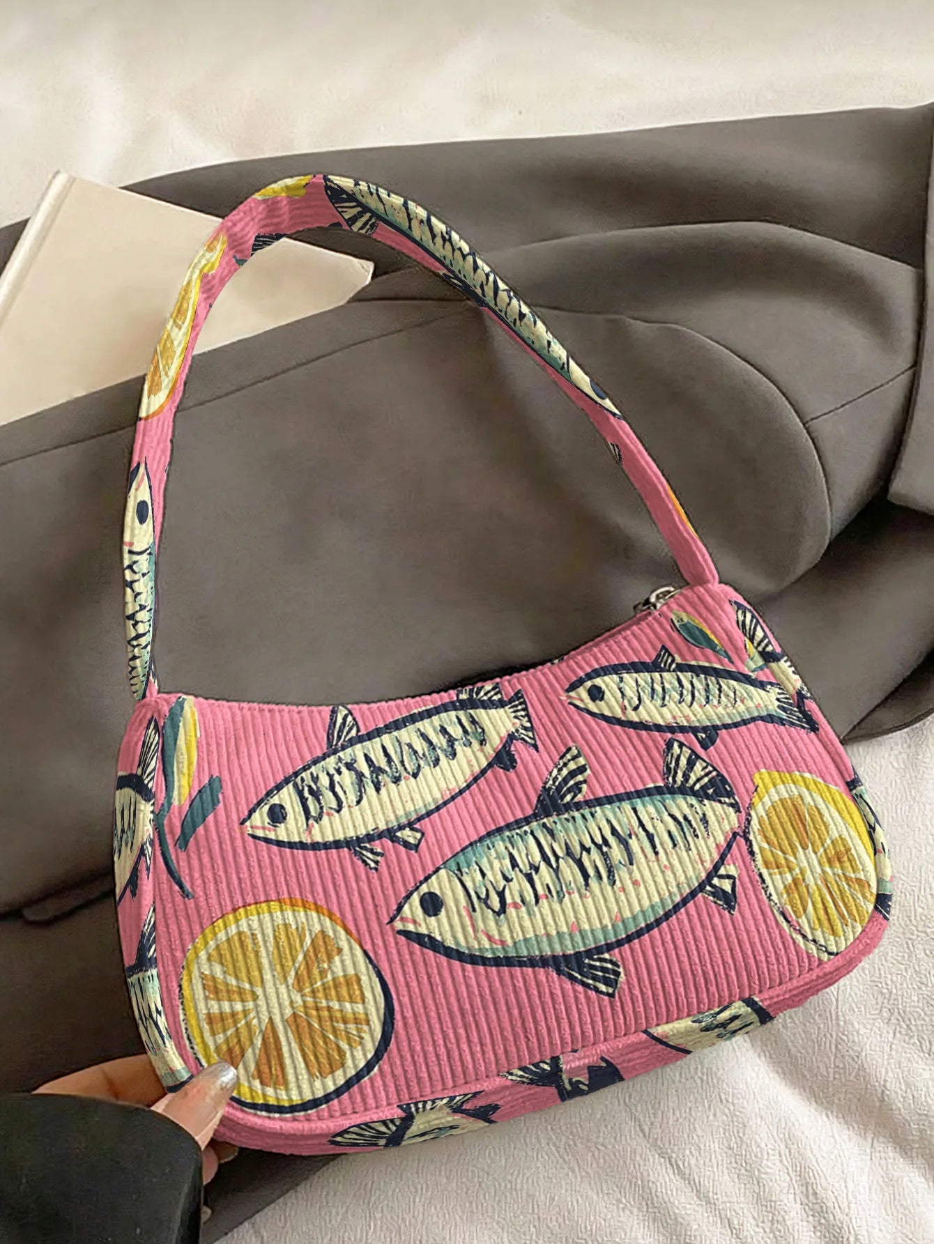 Trendy Fish & Lemon Print Shoulder Bag, Pink Corduroy Underarm Bag for Daily Casual Use