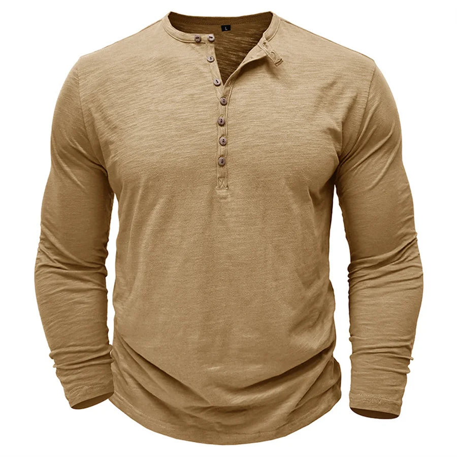 Men's 100% Cotton Henley T-Shirt Quality Long Sleeve Basic T Shirt