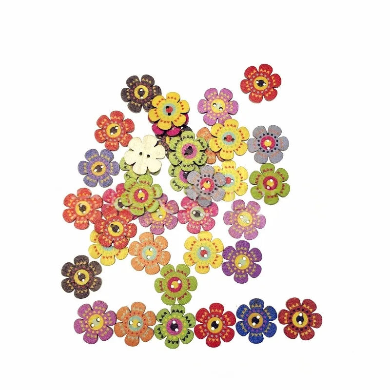 50Pcs 20mm Wood Buttons Mixed Color 2 Holes Flower Shaped Decorative Buttons, Flower Painting Wood Buttons