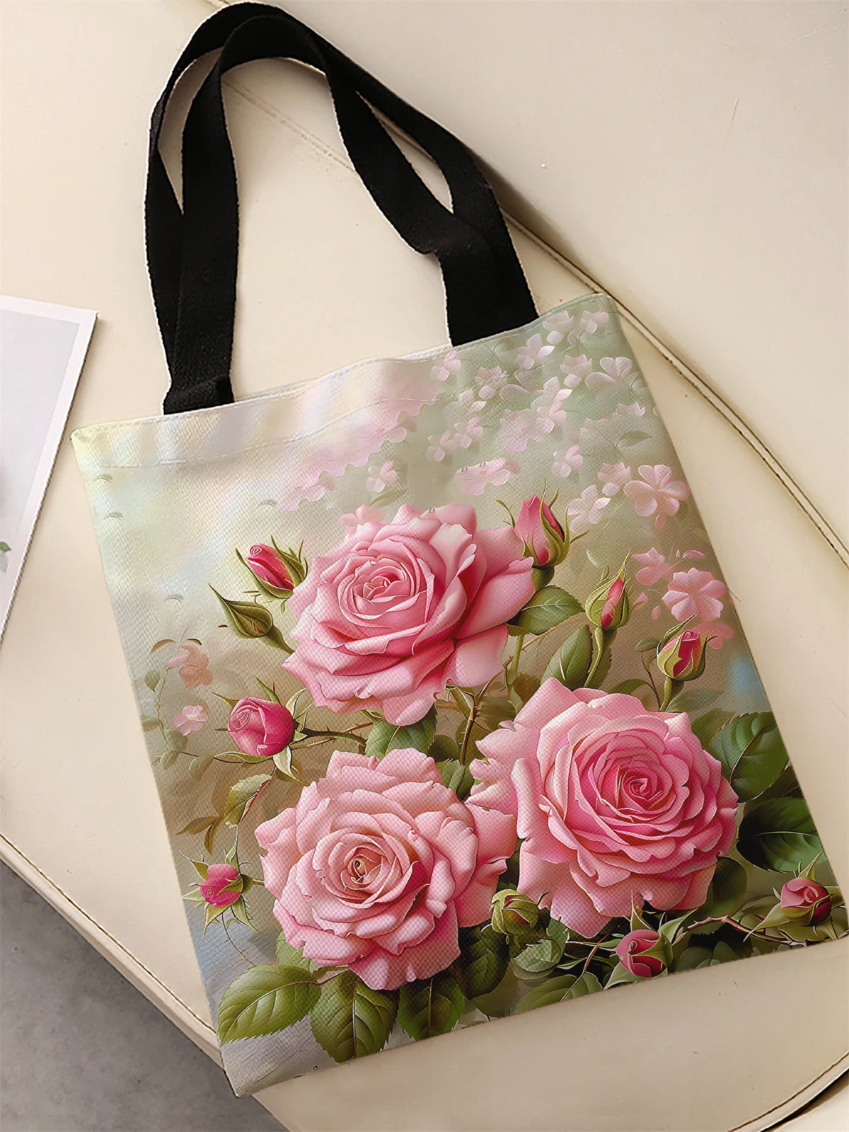 Rose pattern printed casual handbag, reusable fashionable backpack, multifunctional handbag, canvas shopping bag