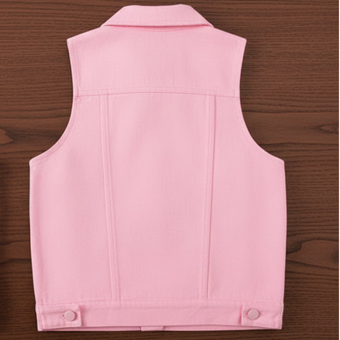 Pink Denim-Style Vest – Beaded Accents (Ages 7-13)