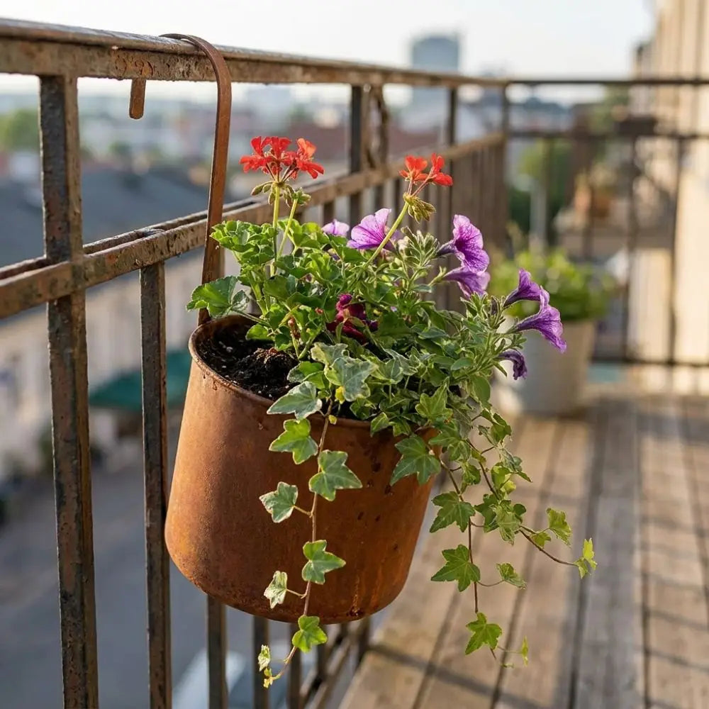 Handcrafted Wall Hanging Flower Bucket Antique Styles Rusted Iron Hanging Flowerpot Weather-Resistant Unique Metal Plant Hangers