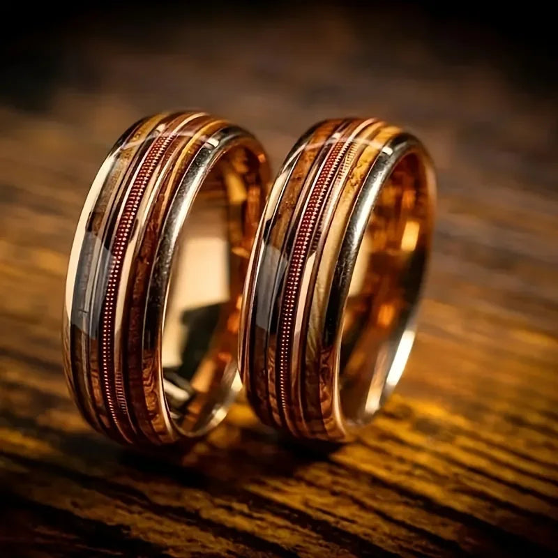 Double Wood Grain Stainless Steel Multi-band Pattern Ring