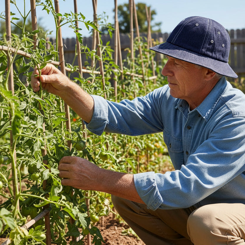 Man tending to plants in a garden wearing a blue shirt and denim bucket hat
