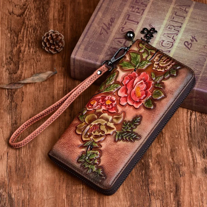 Nesitu Highend Vintage Long Size Flower Brown Coffee Red Top Grain Genuine Leather Women Clutch Wallet Lady Phone Purse M004